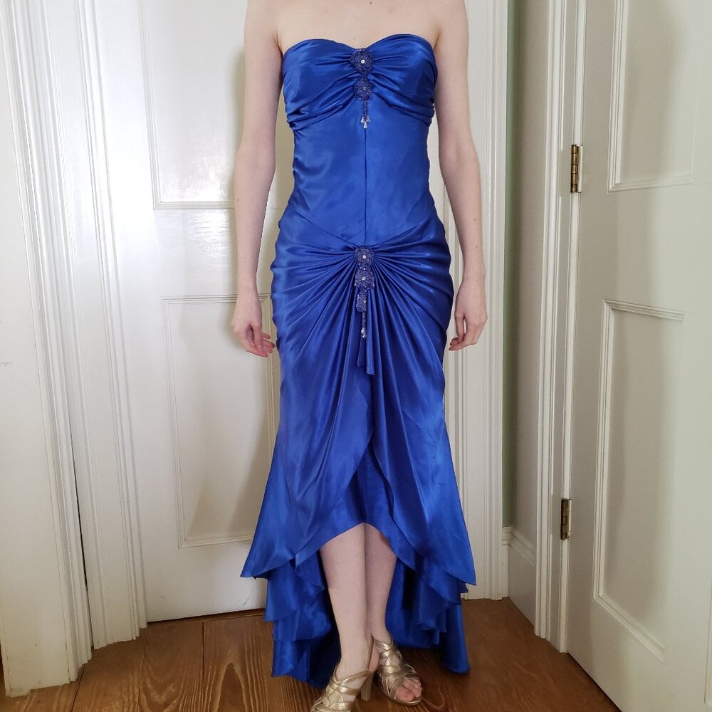 Blue strapless high low gown 1/2